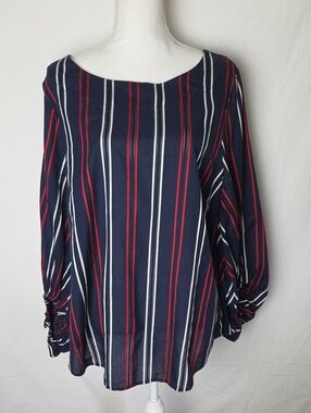 Cabi 5516 Shrimpton Blouse Navy Red White Stripped Balloon Sleeve XL